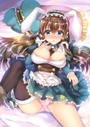 Rule 34 | 1girl, :o, animal ears, ankle boots, apron, arm at side, between breasts, black necktie, blue eyes, blush, boots, breasts, brown footwear, brown hair, brown thighhighs, character name, cleavage, collared dress, dress, fake animal ears, frilled apron, frilled pillow, frilled skirt, frills, from above, fur-trimmed legwear, fur-trimmed sleeves, fur trim, green dress, hair between eyes, hair ornament, hand to own mouth, hand up, juliet sleeves, large breasts, leg up, long hair, long sleeves, looking at viewer, lying, maid, maid headdress, necktie, necktie between breasts, nipple slip, nipples, on back, on bed, open mouth, original, panties, pantyshot, pillow, pink panties, puffy sleeves, rabbit ears, shimaji, short dress, sidelocks, single thighhigh, skirt, solo, thighhighs, underwear, waist apron