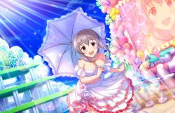 Rule 34 | 1girl, armpit crease, beach, blue sky, blush, breasts, choker, cleavage, cloud, cloudy sky, day, feet out of frame, frilled skirt, frills, game cg, grey hair, hair between eyes, hand up, holding, idolmaster, idolmaster cinderella girls, idolmaster cinderella girls starlight stage, lace-trimmed umbrella, large breasts, leaning forward, lens flare, looking at viewer, midriff, navel, off-shoulder shirt, off shoulder, official art, outdoors, parasol, purple eyes, sakakibara satomi, shadow, shirt, sidelocks, skirt, skirt hold, sky, solo, sparkle, standing, umbrella, white choker, white skirt