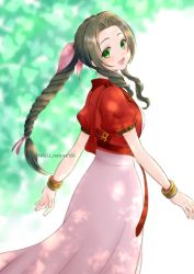 Rule 34 | 1girl, aerith gainsborough, bangle, bracelet, braid, braided ponytail, breasts, brown hair, cowboy shot, cropped jacket, dress, facing away, final fantasy, final fantasy vii, final fantasy vii remake, green eyes, hair ribbon, highres, jacket, jewelry, light brown hair, long dress, long hair, looking at viewer, looking back, medium breasts, nalu, open mouth, outdoors, parted bangs, pink dress, pink ribbon, puffy short sleeves, puffy sleeves, red jacket, ribbon, short sleeves, sidelocks, sleeping forest, smile, solo, square enix, twitter username, wavy hair
