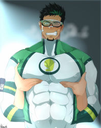 Rule 34 | 1boy, 1other, alternate pectoral size, bara, black hair, blush, bodysuit, bound, bound wrists, breath, clenched teeth, covered abs, covered erect nipples, covered navel, dark-skinned male, dark skin, facial hair, goatee, grabbing, green bodysuit, green hair, groping, highres, kyoichi (live a hero), large pectorals, live a hero, male focus, manly, multicolored hair, muscular, one eye closed, pectoral grab, pectorals, skin tight, solo focus, streaked hair, sweat, teeth, tight clothes, upper body, white bodysuit, yamato (pixiv29997945)