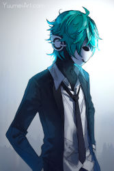Rule 34 | aqua hair, black skin, colored skin, commentary, dress shirt, fisheye placebo, gradient background, hands in pockets, headphones, highres, looking to the side, mask, necktie, profile, shirt, short hair, solo, standing, watermark, web address, yuumei
