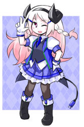 Rule 34 | 1girl, blush, exice-zero, hand on own hip, horns, kugelschreiber, long hair, looking at viewer, open mouth, original, pantyhose, pink hair, smile, solo, tail, very long hair, wink