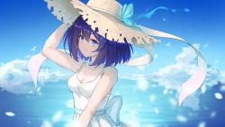 Rule 34 | 1girl, arm up, bare arms, bare shoulders, blue eyes, blue sky, breasts, brown hat, caisena, cleavage, closed mouth, cloud, collarbone, commentary request, dress, hair between eyes, hand on headwear, hat, highres, honkai (series), honkai impact 3rd, looking at viewer, medium breasts, purple hair, seele vollerei, short hair, sky, sleeveless, sleeveless dress, smile, solo, straw hat, water, white dress