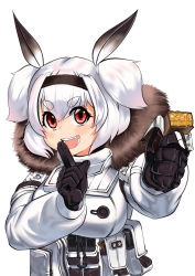 Rule 34 | 1girl, alvis (last origin), blush, breasts, candy, chocolate, chocolate bar, coat, eyebrows, food, gloves, hairband, hwupang, large breasts, last origin, open mouth, red eyes, silver hair, simple background, smile, solo, two side up, white background