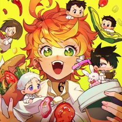 Rule 34 | 2girls, 4boys, ahoge, bandaid, bandaid on ear, black eyes, black hair, book, bread, brown eyes, brown footwear, brown hair, cheese, chibi, chili pepper, closed mouth, collar, collared shirt, commentary request, cup, don (yakusoku no neverland), drinking straw, emma (yakusoku no neverland), food, full body, gilda (yakusoku no neverland), glasses, green eyes, hair over one eye, highres, holding, holding book, holding cup, holding food, ke02152, lettuce, long sleeves, looking at another, looking at viewer, multiple boys, multiple girls, neck tattoo, norman (yakusoku no neverland), number tattoo, open book, open mouth, orange hair, pants, pepper, phil (yakusoku no neverland), ray (yakusoku no neverland), round eyewear, shirt, short hair, simple background, sitting, smile, spiked hair, star-shaped pupils, star (symbol), stuffed animal, stuffed rabbit, stuffed toy, symbol-shaped pupils, tattoo, teeth, thick eyebrows, tomato, toy, upper body, white hair, white pants, white shirt, yakusoku no neverland, yellow background