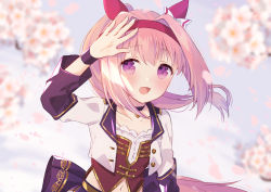 Rule 34 | 1girl, :d, animal ears, arm up, black choker, blurry, blurry background, blush, bow, choker, collarbone, commentary request, cropped jacket, depth of field, ear bow, haru urara (umamusume), headband, highres, horse ears, horse girl, horse tail, jacket, long hair, looking at viewer, navel, open clothes, open jacket, open mouth, pink hair, ponytail, purin jiisan, purple eyes, red headband, sidelocks, smile, solo, starting future (umamusume), tail, umamusume, upper body, white bow, white jacket