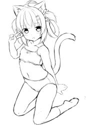 Rule 34 | 1girl, absurdres, animal ears, arm up, bad id, bad twitter id, bare arms, bare shoulders, blush, bra, cat ears, cat girl, cat tail, collarbone, commentary request, greyscale, hair ornament, hair ribbon, hairclip, head tilt, highres, inactive account, kneeling, looking at viewer, monochrome, original, panties, parted lips, ribbon, sakuraba hikaru (loveindog), sidelocks, socks, soles, solo, tail, tail raised, two side up, underwear, underwear only, v