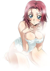Rule 34 | 00s, 1girl, blue eyes, blush, breasts squeezed together, breasts, code geass, iyou, kouzuki kallen, large breasts, naked towel, pussy, red hair, short hair, solo, towel, uncensored, wet, yukkyun