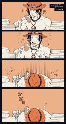 Rule 34 | 1boy, 4koma, ?, bead necklace, beads, black border, blush, border, comic, commentary request, eating, fork, freckles, hat, highres, holding, holding fork, index finger raised, jewelry, male focus, nata kokone, necklace, notice lines, one piece, open mouth, plate, pointing, portgas d. ace, silent comic, sleeping, solo, star (symbol), teeth, tongue, topless male, translation request, twitter username, upper body, zzz