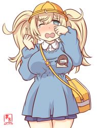 Rule 34 | 1girl, alternate costume, artist logo, bag, between breasts, black skirt, blonde hair, blue eyes, blue shirt, breasts, commentary request, cowboy shot, crying, dated, gambier bay (kancolle), hat, kanon (kurogane knights), kantai collection, kindergarten bag, kindergarten uniform, large breasts, long sleeves, looking at viewer, name tag, one-hour drawing challenge, one eye closed, open mouth, pleated skirt, school hat, school uniform, shirt, simple background, skirt, smock, snail, solo, strap between breasts, tears, twintails, white background, yellow hat