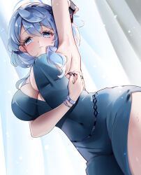 Rule 34 | 1girl, ako (blue archive), ako (dress) (blue archive), arm up, armpits, blue archive, blue dress, blue eyes, blue hair, blue halo, blush, breasts, closed mouth, covered navel, cowboy shot, cuffs, dress, fangwan, fingernails, halo, handcuffs, highres, large breasts, long hair, looking at viewer, nail polish, official alternate costume, purple nails, sideboob, sleeveless, sleeveless dress, solo