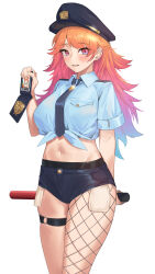 Rule 34 | 1girl, absurdres, alternate costume, barbell piercing, baton (weapon), black necktie, drawing (object), ear piercing, fishnets, hat, highres, holding, holding weapon, hololive, hololive english, industrial piercing, long hair, necktie, orange hair, parted lips, piercing, police, police badge, police hat, police uniform, policewoman, red eyes, shio05 (05 sio), solo, takanashi kiara, thigh strap, uniform, virtual youtuber, weapon