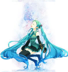 Rule 34 | 1girl, aqua hair, closed eyes, detached sleeves, female focus, full body, gradient background, hatsune miku, legs, long hair, music, necktie, open mouth, popoin, singing, skirt, solo, thighhighs, twintails, very long hair, vocaloid, white background, zettai ryouiki