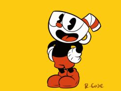 Rule 34 | 1930s (style), 1boy, animated, animated gif, cartoonized, commentary, cuphead, cuphead (game), full body, gloves, male focus, pac-man eyes, rcasedrawsstuff, shorts, solo, toon (style), white gloves, yellow background