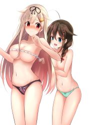 Rule 34 | 10s, 2girls, amagami (makise tsubaki), arms up, blue eyes, blunt bangs, blush, bow, bow panties, braid, breasts, brown hair, collarbone, cowboy shot, embarrassed, green panties, groin, hair between eyes, hair bow, hair flaps, hair ornament, hairclip, kantai collection, lace, lace-trimmed panties, lace trim, large breasts, long hair, looking at another, measuring, medium breasts, multiple girls, navel, open mouth, panties, pink panties, red eyes, shigure (kancolle), skindentation, smile, standing, tape measure, topless, underwear, underwear only, wavy mouth, yuudachi (kancolle)