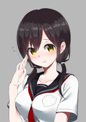 Rule 34 | 1girl, black hair, black sailor collar, blush, breast pocket, breasts, closed mouth, collarbone, flying sweatdrops, grey background, hair between eyes, hand up, highres, instant (ioarthus), low twintails, medium breasts, neckerchief, nose blush, original, pocket, red neckerchief, sailor collar, school uniform, serafuku, short sleeves, simple background, smile, solo, twintails, yellow eyes
