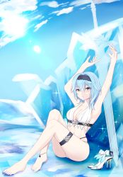 Rule 34 | 1girl, absurdres, anklet, arms up, bikini, bikini top only, black hairband, blue hair, blue nails, breasts, bridal garter, closed mouth, commentary request, eula (genshin impact), genshin impact, greatsword, hairband, high heels, highres, ice, jewelry, looking at viewer, medium breasts, medium hair, nail polish, navel, sitting, solo, sparkle, swimsuit, sword, toenail polish, toenails, xiaoye795, yellow eyes