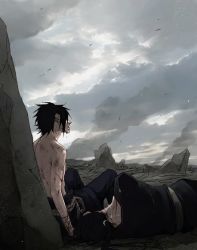 Rule 34 | 2boys, akatsuki (naruto), black hair, blood, brother, brothers, brown hair, cloud, desert, destruction, family, from behind, injury, jewelry, lily (artist), lying, male focus, multiple boys, naruto, naruto (series), necklace, on back, outdoors, ponytail, rope, topless male, siblings, sidelocks, sitting, uchiha itachi, uchiha sasuke
