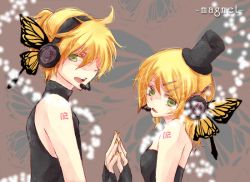 Rule 34 | 1boy, 1girl, bad id, bad pixiv id, blonde hair, brother and sister, butterfly wings, green eyes, hair ornament, hairclip, hat, headphones, headset, insect wings, kagamine len, kagamine rin, magnet (vocaloid), mini hat, mini top hat, nail polish, open mouth, rui (pixiv352322), ruirui69, short hair, siblings, symmetrical hand pose, top hat, twins, vocaloid, wings, yellow nails