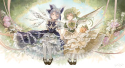 Rule 34 | 2girls, absurdres, alternate costume, alternate wings, black footwear, blue bow, blue eyes, blue hair, blue neckwear, blue skirt, blue sky, blue vest, bow, branch, choker, cirno, daiyousei, day, dress, english text, feathered wings, floral background, flower, frills, green eyes, green flower, green hair, green rose, green shirt, hair flower, hair ornament, hair ribbon, head tilt, highres, holding hands, keiko (mitakarawa), layered dress, leaf, looking at viewer, mary janes, multiple girls, one side up, orange flower, orange rose, outdoors, pantyhose, petals, petticoat, pink skirt, puffy short sleeves, puffy sleeves, ribbon, rose, shirt, shoes, short hair, short sleeves, sitting, skirt, sky, smile, tiara, touhou, vest, watermark, web address, white legwear, wings