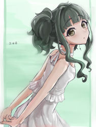 Rule 34 | 1girl, alternate costume, arms behind back, blush, choker, dress, earrings, frilled dress, frills, fujii tomo, green hair, hachiya (silica q), hair intakes, highres, idolmaster, idolmaster cinderella girls, jewelry, looking at viewer, looking back, outside border, own hands together, ponytail, simple background, solo, twisted torso, upper body, wavy hair, white choker, white dress