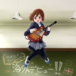 Rule 34 | 1girl, :d, black pantyhose, blush, brown eyes, brown hair, electric guitar, formal, guitar, hair ornament, hairclip, highres, hirasawa yui, instrument, jumping, k-on!, k-on! movie, legs, long sleeves, mary janes, miniskirt, open mouth, pantyhose, plump, ribbon, round teeth, shoes, skirt, smile, solo, suit, teeth, tonky
