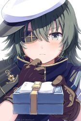 Rule 34 | 1girl, armor, black cape, box, brown gloves, cape, closed mouth, eyepatch, gift, gift box, gloves, green eyes, green hair, hat, highres, kantai collection, kiso (kancolle), kiso kai ni (kancolle), narukan, sailor hat, short hair, shoulder armor, simple background, solo, upper body, white background, white hat