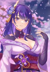 Rule 34 | 1girl, absurdres, braid, breasts, bridal gauntlets, cherry blossoms, cleavage, commentary, falling petals, genshin impact, hair ornament, hand up, highres, japanese clothes, kimono, large breasts, long hair, long sleeves, looking at viewer, mole, mole under eye, nail polish, night, obi, parted lips, petals, purple eyes, purple hair, purple kimono, purple nails, raiden shogun, sash, single braid, smile, solo, vic 1223, wide sleeves