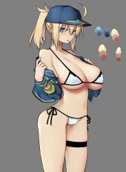 10mo :o ahoge ass baseball_cap bikini blonde_hair blue_eyes blue_hat breasts cowboy_shot curvy fate/grand_order fate_(series) grey_background hat highres large_breasts looking_at_viewer mysterious_heroine_xx_(fate) ponytail simple_background standing swimsuit white_bikini