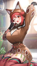 Rule 34 | 1girl, absurdres, black gloves, breasts, disguised pyra (xenoblade), earrings, fingerless gloves, gloves, gonzarez, highres, jewelry, large breasts, pyra (xenoblade), red eyes, red hair, red shorts, red thighhighs, revision, short hair, short shorts, shorts, swept bangs, thighhighs, xenoblade chronicles (series), xenoblade chronicles 2