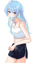 Rule 34 | 1girl, absurdres, blue eyes, blue hair, camisole, casual, collarbone, dolphin shorts, highres, hololive, hoshimachi suisei, long hair, looking at viewer, midriff, navel, shorts, simple background, solo, tagosaku (tatsukiuma0329), virtual youtuber, white background