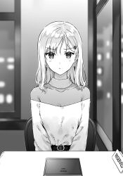 1girl ayase_saki belt chair commentary_request diner earrings floating_earring gimai_seikatsu greyscale hair_ornament hairclip hiten_(hitenkei) indoors jewelry long_sleeves looking_at_viewer menu monochrome novel_illustration official_art pout second-party_source sitting solo straight-on table