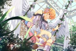 Rule 34 | 1boy, androgynous, angel, angel wings, artist name, blonde hair, butterfly hair ornament, closed mouth, dress, ensemble stars!, flower, hair flower, hair ornament, houdi nguyen, looking at viewer, male focus, nito nazuna, off-shoulder dress, off shoulder, pink flower, pink rose, red eyes, rose, short hair, smile, solo, swing, swinging, white dress, wings