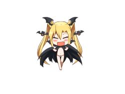 Rule 34 | 1girl, :d, bat (animal), bat wings, black cloak, blush, bmp-to-png conversion, chibi, cloak, closed eyes, crossed ankles, facing viewer, fangs, full body, game cg, hair between eyes, hands up, head wings, holding cloak, jingai modoki, long hair, mon-musu quest!, navel, nearly naked cloak, non-web source, open mouth, panties, simple background, smile, solo, standing, transparent background, twintails, underwear, vampire, vanilla (mon-musu quest!), very long hair, white panties, wings