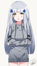 Rule 34 | 1girl, alternate costume, blush, commentary, cowboy shot, crossed arms, facepaint, girls&#039; frontline, green eyes, hair ornament, hairclip, highres, hk416 (girls&#039; frontline), hood, hoodie, long hair, long sleeves, looking at viewer, parted lips, signature, silver hair, simple background, solo, tosyeo