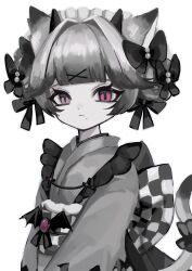 Rule 34 | 1girl, animal ears, black ribbon, butterfly hair ornament, cat ears, cat girl, cat tail, checkered sash, closed mouth, grey hair, grey kimono, hair intakes, hair ornament, hair ribbon, highres, horns, japanese clothes, kimono, long sleeves, looking at viewer, looking to the side, mole, mole under mouth, obi, original, purple eyes, ribbon, sash, shiona (siona0625), short hair, simple background, slit pupils, solo, tail, upper body, white background, x hair ornament
