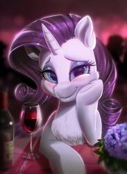 Rule 34 | 1girl, blue eyes, blush, bottle, cup, drinking glass, flower, highres, hydrangea, light262, long hair, looking at viewer, my little pony, my little pony: friendship is magic, no humans, purple flower, purple hair, rarity (my little pony), signature, solo, solo focus, table, unicorn, upper body, white fur, wine bottle, wine glass