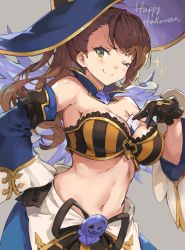 Rule 34 | 10s, 1girl, bare shoulders, beatrix (granblue fantasy), between breasts, bikini, bikini top only, black gloves, blush, breasts, brown eyes, brown hair, card, card between breasts, cleavage, commentary request, detached collar, detached sleeves, gloves, gou (ga673899), granblue fantasy, hand on own hip, haoni, happy halloween, hat, large breasts, long hair, looking at viewer, matching hair/eyes, navel, one eye closed, ponytail, smile, solo, stomach, striped bikini, striped bikini top, striped clothes, swimsuit, witch hat