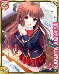 Rule 34 | 1girl, amatsu kanata, blue jacket, bow, bowtie, brown hair, card (medium), chair, day, girlfriend (kari), hair ornament, hair scrunchie, indoors, jacket, long hair, looking at viewer, morning, official art, open mouth, own hands together, plaid, plaid skirt, qp:flapper, red bow, red eyes, red skirt, school uniform, scrunchie, shirt, skirt, smile, solo, standing, table, thighhighs, white shirt, white thighhighs, zettai ryouiki