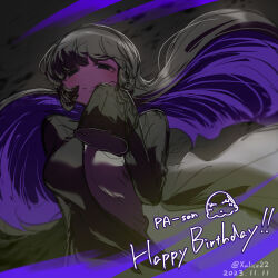 Rule 34 | 1girl, absurdres, animalization, black cardigan, black choker, black hair, blunt bangs, bocchi the rock!, breasts, cardigan, chin piercing, choker, colored inner hair, commentary request, creature, dated, dress, floating hair, grey dress, hand on own face, happy birthday, highres, hime cut, large breasts, long hair, long sleeves, looking at viewer, multicolored hair, pa-san, purple hair, purple theme, sleeves past wrists, smile, solo, twitter username, whirlwind, xalice18