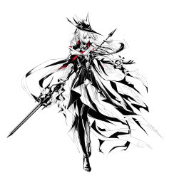 Rule 34 | 1girl, arknights, commentary, floating hair, frilled sleeves, frills, full body, gladiia (arknights), gladiia (return) (arknights), gloves, hat, high collar, highres, holding, holding polearm, holding weapon, long hair, long sleeves, monochrome, official alternate costume, pointy ears, polearm, simple background, sketch, solo, spot color, weapon, white background, z 05