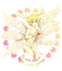 Rule 34 | 00s, 1boy, androgynous, angel, anklet, bad id, bad pixiv id, barefoot, blonde hair, bracelet, digimon, digimon (creature), digimon frontier, goma (11zihisin), green eyes, head wings, heart, heart hands, jewelry, lucemon, male focus, multiple wings, short hair, solo, tattoo, wings