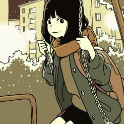 Rule 34 | 1girl, apartment, backpack, bag, black hair, black shorts, brown scarf, brown shirt, building, bush, chain, closed mouth, coat, commentary request, enpera, flat color, green coat, highres, holding, holding chain, hosoo, long hair, looking at phone, looking at viewer, monochrome, night, night sky, original, outdoors, phone, scarf, shirt, shirt under coat, shorts, sitting, sky, solo, star (sky), starry sky, swing