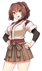 Rule 34 | 1girl, brown eyes, brown hair, brown hakama, contrapposto, cowboy shot, hair ribbon, hakama, hakama skirt, hands on own hips, ise (kancolle), japanese clothes, kantai collection, open mouth, ponytail, red ribbon, ribbon, sash, short hair, simple background, skirt, smile, solo, standing, teeth, terrajin, undershirt, upper teeth only, white background
