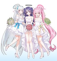 Rule 34 | + +, 3girls, :d, alternate costume, bare shoulders, blue archive, blunt bangs, bouquet, choker, collarbone, commentary request, detached sleeves, dress, flower, frilled dress, frills, full body, hair between eyes, hair flower, hair ornament, halo, headgear, high heels, highres, holding, holding bouquet, koyuki (blue archive), long hair, looking at viewer, multiple girls, noa (blue archive), open mouth, parted bangs, picter, pink eyes, pink hair, purple eyes, purple hair, see-through, short sleeves, sidelocks, simple background, sleeveless, smile, sparkle, standing, standing on one leg, strapless, strapless dress, twintails, two side up, wedding dress, white background, white choker, white dress, white footwear, white hair, yuuka (blue archive)