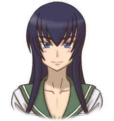 Rule 34 | 1girl, blue eyes, blue hair, blush, busujima saeko, closed mouth, collarbone, highschool of the dead, long hair, looking at viewer, mugen ouka, school uniform, simple background, smile, solo, uniform, white background