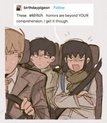 Rule 34 | 1girl, 2boys, black hair, blonde hair, closed mouth, commentary, crossed arms, driving, english commentary, english text, formal, grey background, kurata tome, long sleeves, looking at another, medium hair, mob psycho 100, mp100days, multiple boys, necktie, open mouth, reigen arataka, scarf, seatbelt, short hair, simple background, sitting, steering wheel, suit, takenaka momozou, tumblr