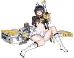 Rule 34 | 1girl, animal ear fluff, animal ears, battle damage, belt, black gloves, black hair, black shirt, blush, bob cut, boots, breasts, coat, coat on shoulders, collared shirt, crescent, crescent hair ornament, defeat, fang, full body, game cg, gloves, hair ornament, hairclip, highres, huge weapon, injury, jewelry, knee boots, kneehighs, last origin, linea alba, looking at viewer, machinery, medium breasts, navel, necktie, nipple slip, nipples, official art, open mouth, pin, planted, planted sword, planted weapon, pleated skirt, sheath, shirt, short hair, simple background, skindentation, skirt, socks, solo, sword, tachi-e, taesi, tearing up, thick eyebrows, torn boots, torn clothes, torn necktie, torn shirt, torn skirt, torn socks, transparent background, uniform, unsheathed, vargr (last origin), weapon, white footwear, white skirt, wolf ears, yellow eyes, yellow necktie