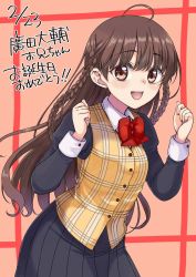 Rule 34 | 1girl, black skirt, braid, brown eyes, brown hair, commentary request, cowboy shot, dated, happy birthday, highres, hirota masatane, karen (sister princess), leaning forward, long hair, looking at viewer, plaid, plaid background, plaid vest, pleated skirt, red background, red neckwear, side braid, sister princess, skirt, smile, solo, translation request, twin braids, upper body, vest, virtual youtuber