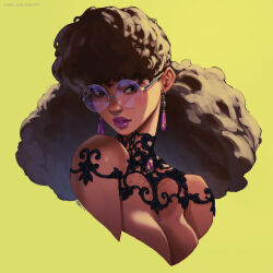 Rule 34 | 1girl, afro, black hair, breasts, brooch, brown hair, cleavage, cropped torso, earrings, glasses, jewelry, large breasts, lips, looking at viewer, mole, mole under eye, nude, original, parted lips, purple lips, rejean dubois, round eyewear, short hair, signature, simple background, solo, upper body, yellow background